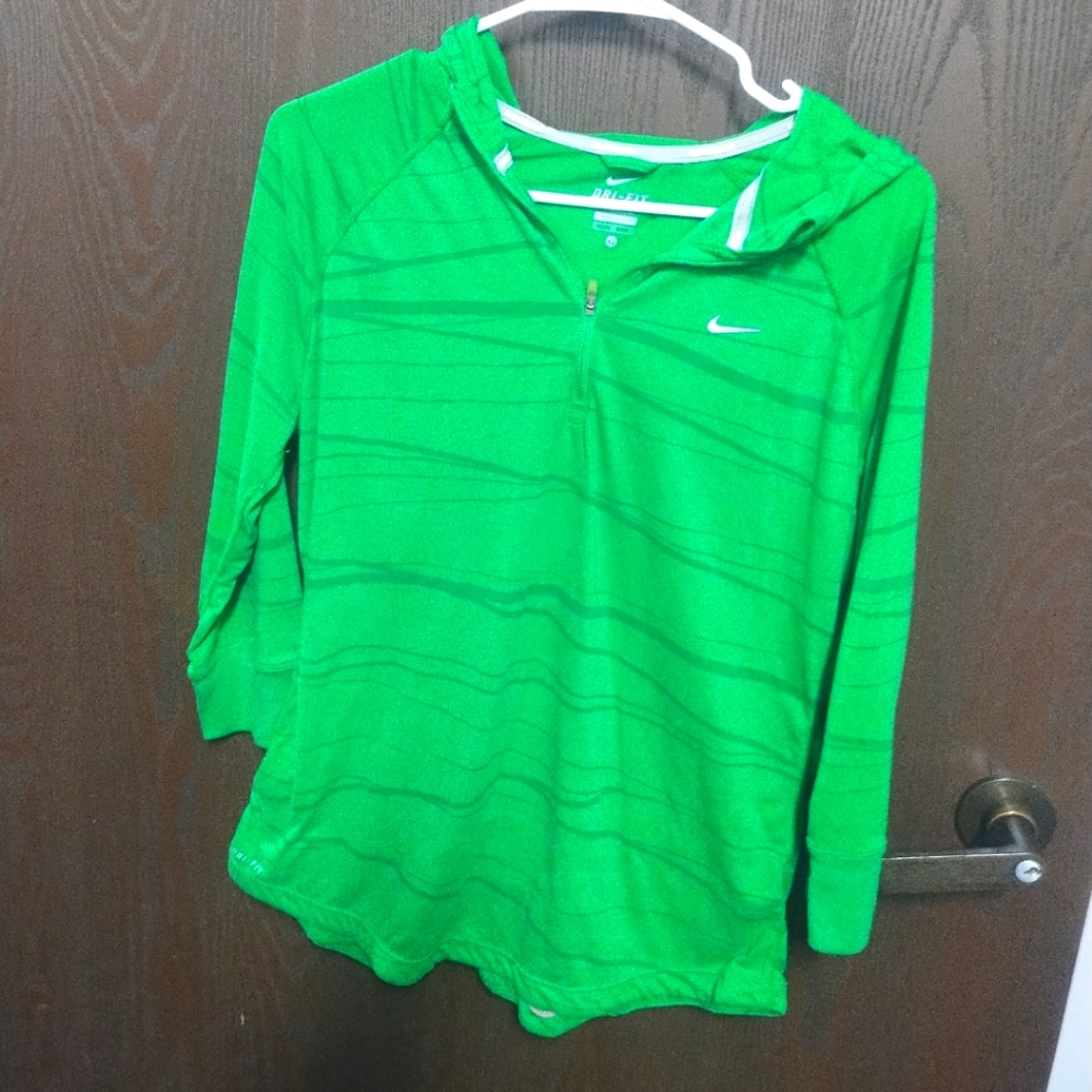 Nike Green Hooded T with Long Sleeves, Ladies 1/4 Zip,right side rear picket and
